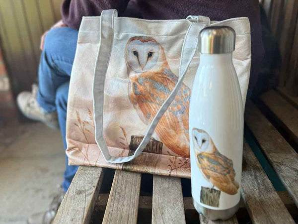 Barn owl | Luxury water bottle & velvet tote bag Barn owl | Luxury water bottle & velvet tote bag