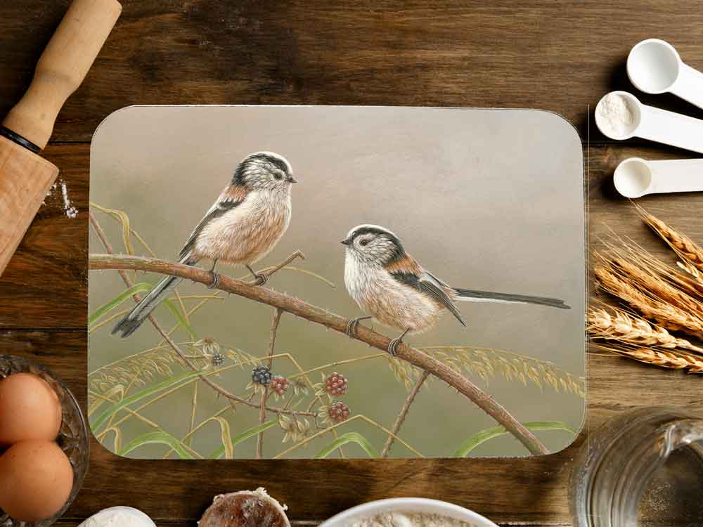 Long tailed tits glass worktop saver | Luxury chopping board