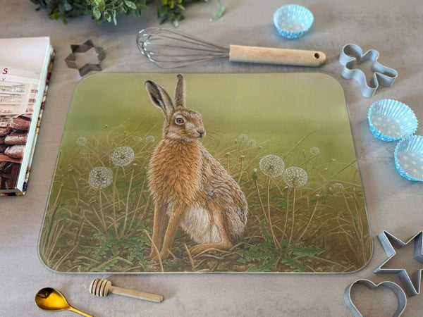 Protection de plan de travail en verre motif lièvre et pissenlit | Planche à découper de luxe Protection de plan de travail en verre motif lièvre et pissenlit | Planche à découper de luxe