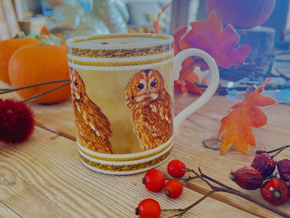 A fine bone china mug featuring a detailed painting of a tawny owl, styled on a wooden tabletop with autumn decorations including pumpkins, leaves, and berries.