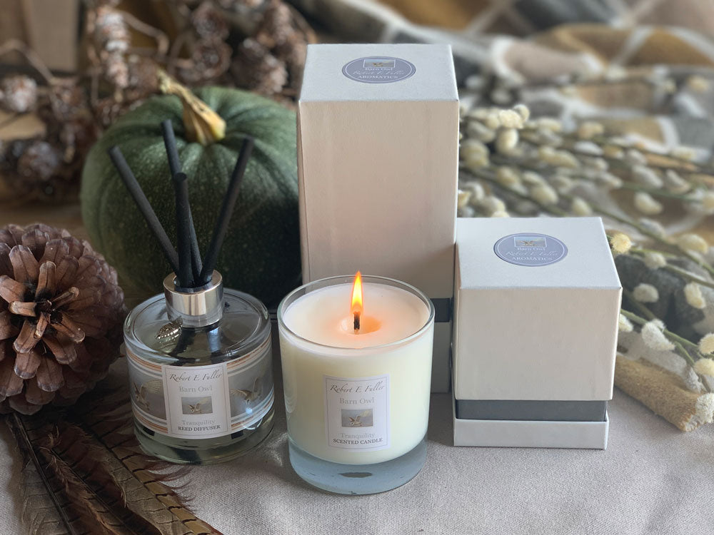 Schleiereule | Luxuriöses Set mit Duftkerze und Rattanstäbchen