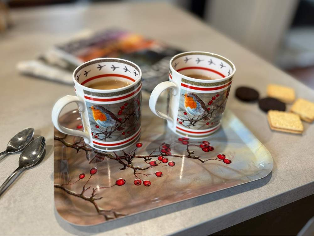 Robin tray and 2 mugs