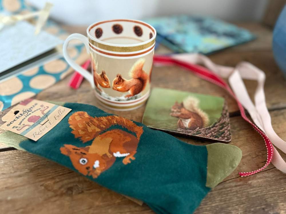 Squirrel mug sock and coaster set