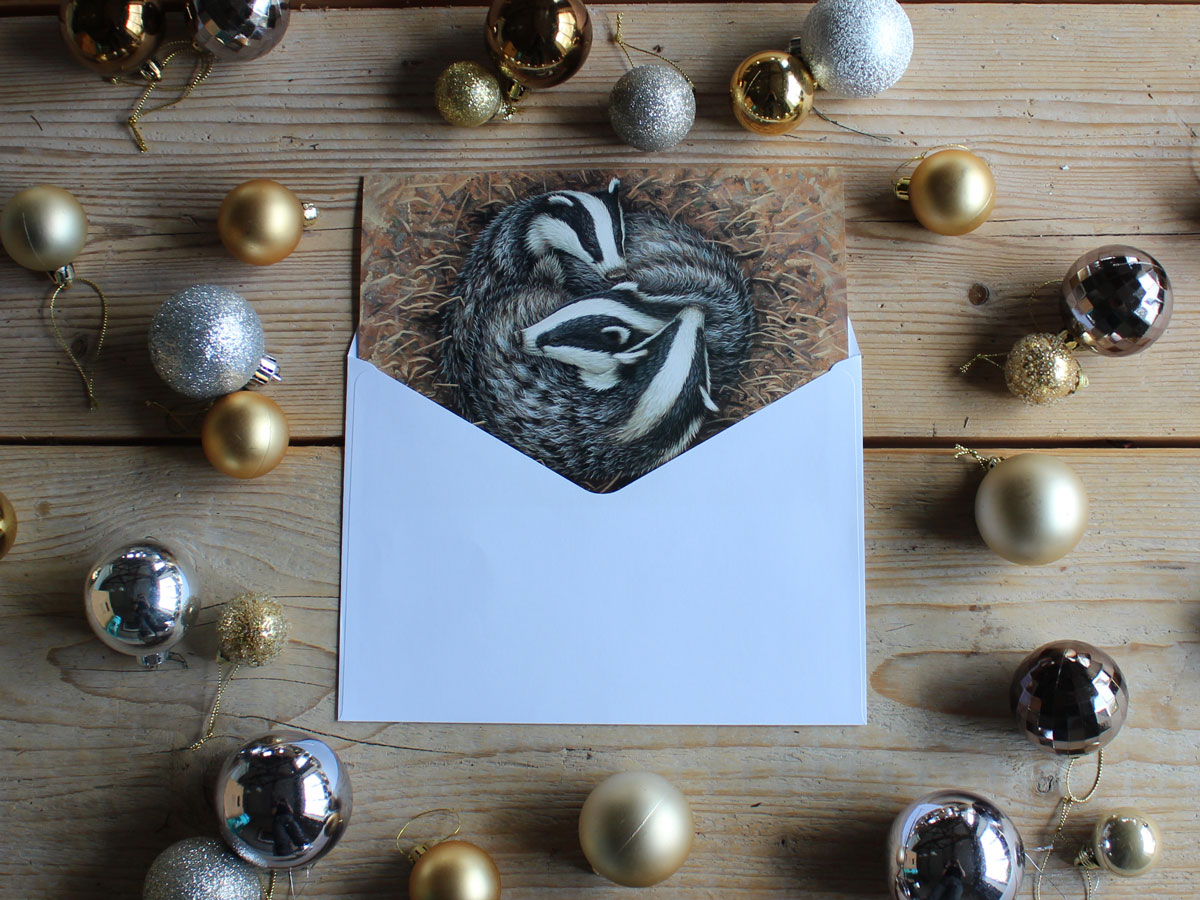 badgers sleeping in manger card in enveloppe surrounded by Christmas baubles