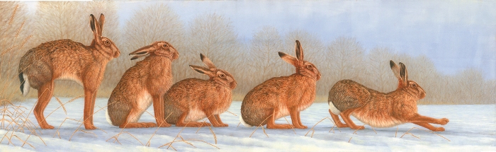 painting of hares in a row the first and last stretching