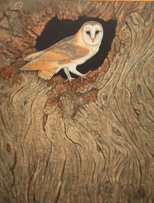 nest box -owl painted in elm stump