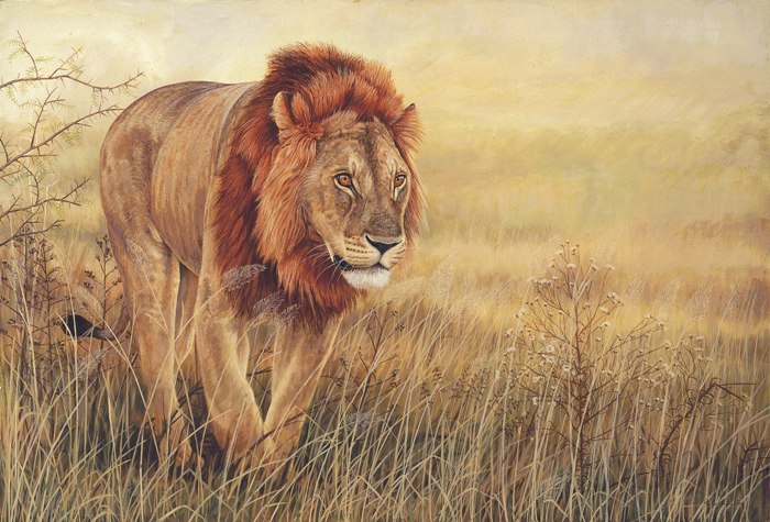 Lion painted by wildlife artist Robert E Fuller