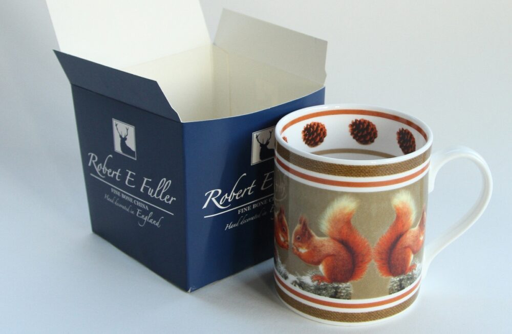 open box with bone china mug featuring red squirrel