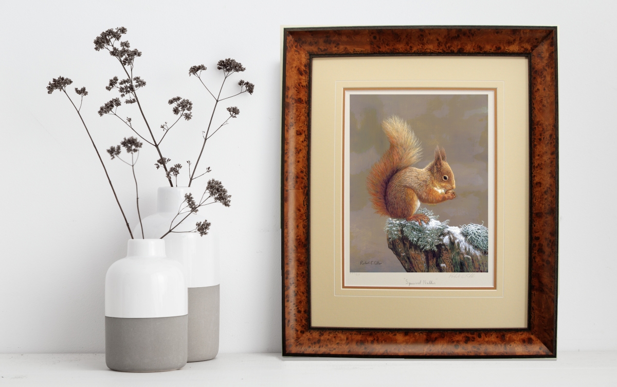 framed art print featuring red squirrel in snow
