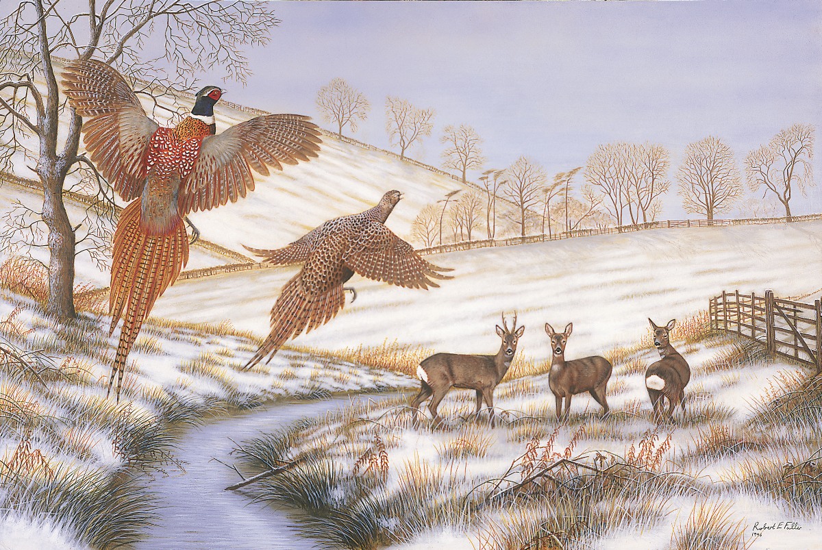 original painting pheasants and roe deer scene
