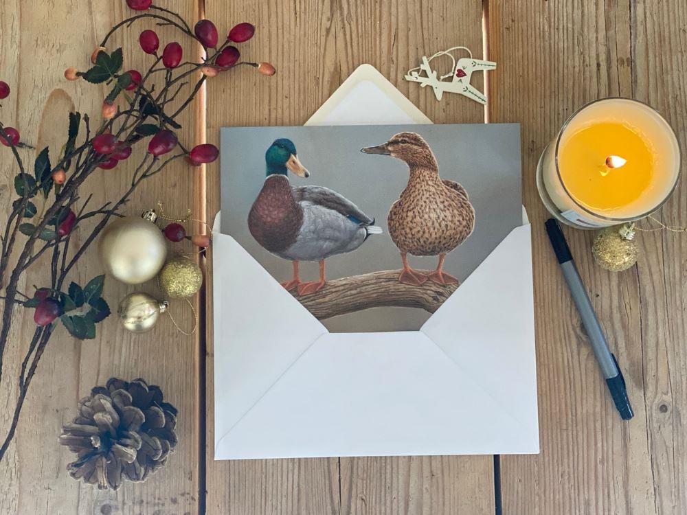 christmas card featuring mallard ducks half in enveloppe with candle and pen