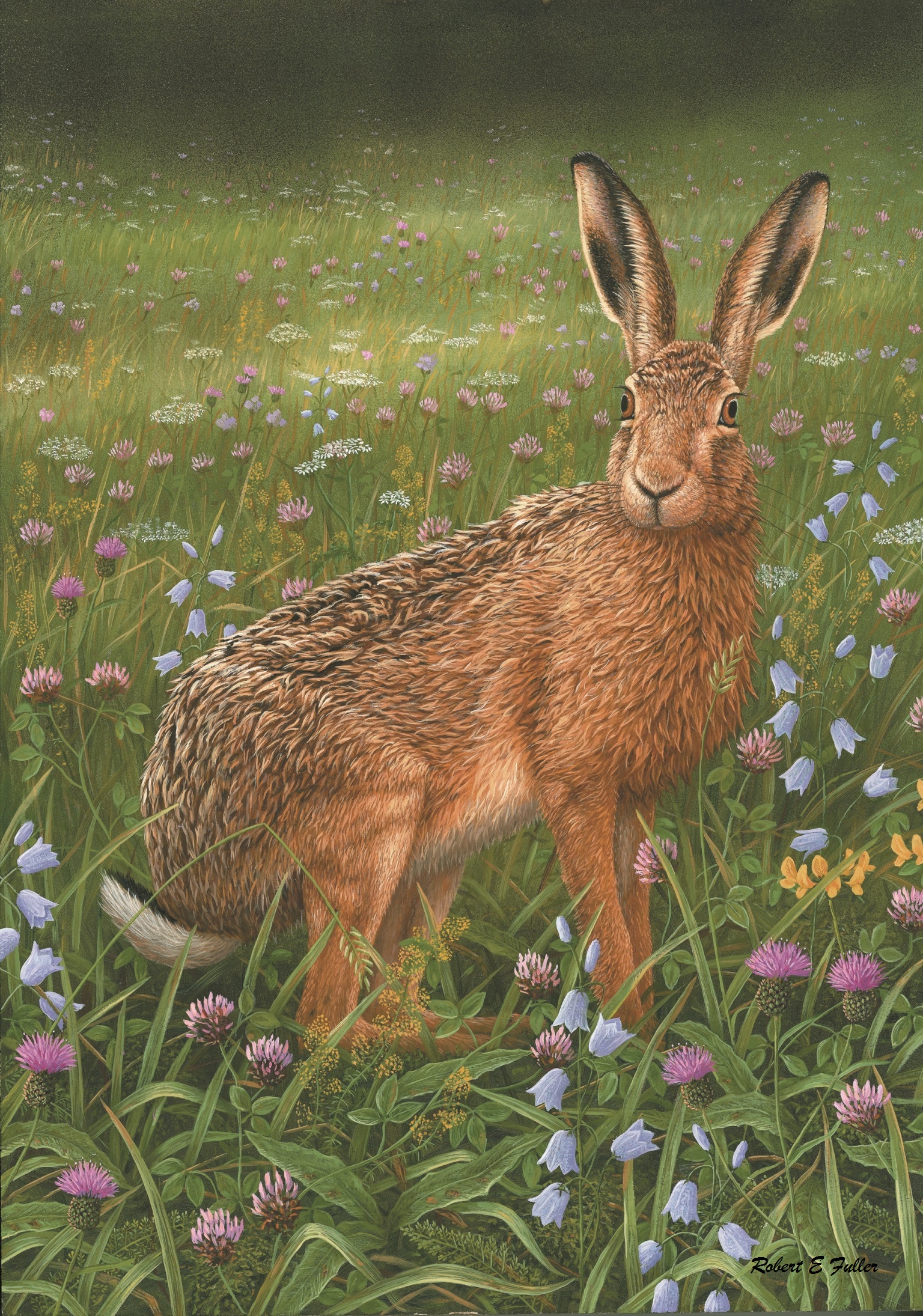 painting of a hare posed against a backdrop of wildflowers