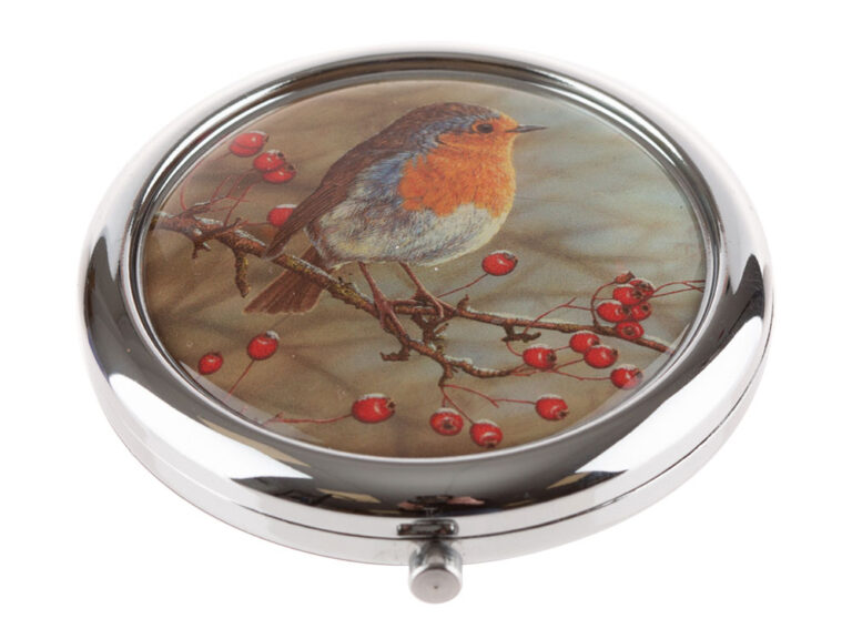 A compact mirror featuring a painting of a Robin on Hawthorn by wildlife artist Robert E Fuller