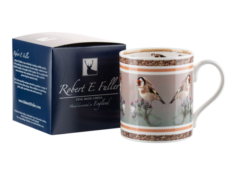 A coffee cup with gift box. llustration of a Goldfinch by nature artist Robert E Fuller