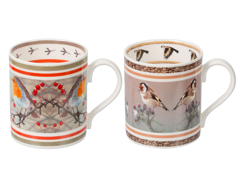 Set of 2 & 4 Fine China Winter Robin Mugs Christmas Robin Mug Set GIFT BOXED