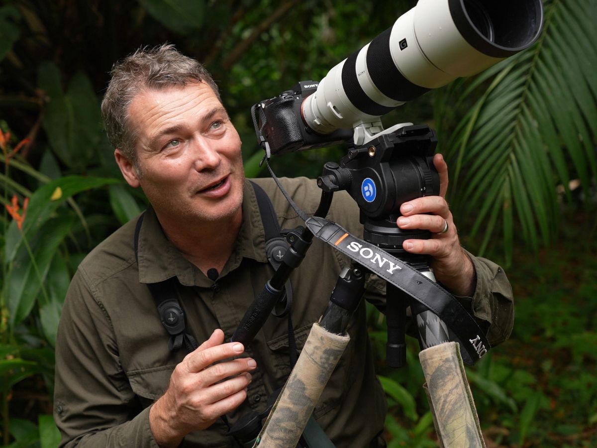 wildlife artist and filmmaker robert e fuller photographing sloths with large camera 