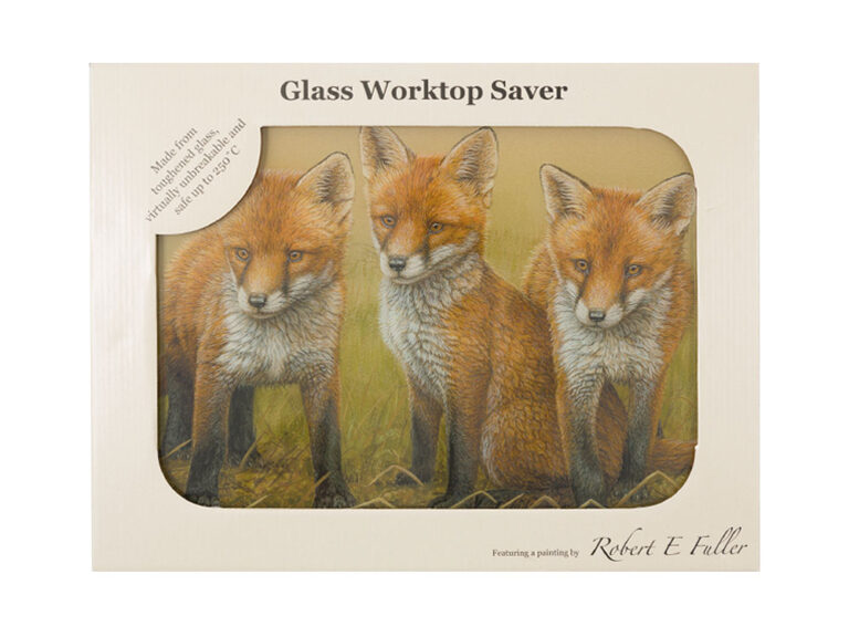 Glass worktop saver in cardboard packaging featuring Fox Cub design by Robert E Fuller